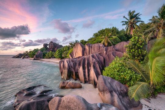 Sunset at Anse Source d'Argent beach, La Digue Island, Seychelles