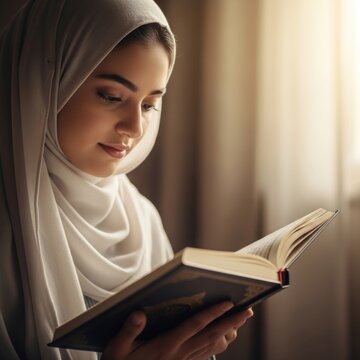 A beautiful young Muslim woman wearing a hijab reading a book with a peaceful expression.