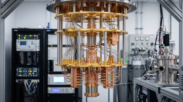Close-up view of quantum computer processor core with intricate copper wiring and gold components suspended in laboratory setting