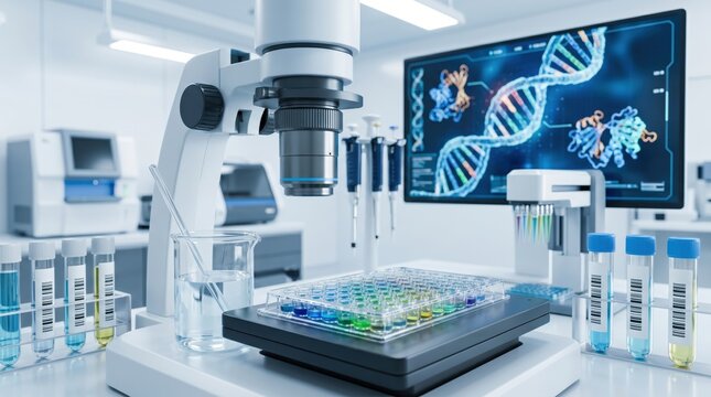 Close-up of laboratory microscope with multi-well plate containing colorful liquid samples next to test tubes rack and large screen displaying DNA double helix structure