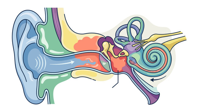 Detailed 2D flat vector cross-section of the human ear anatomy including the pinna, auditory canal, eardrum, ossicles, cochlea, semicircular canals, and auditory nerve on white.
