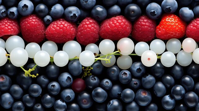 Fresh mixed berry fruit background pattern with sweet strawberry, blueberry, raspberry, and blackberry for healthy organic food nutrition.