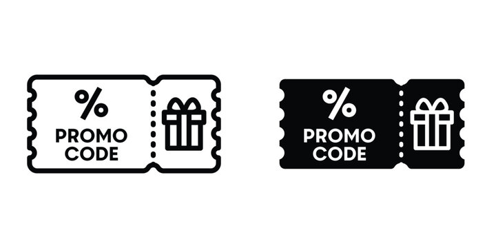 Promo code icon set in outlined drawings with flat version.