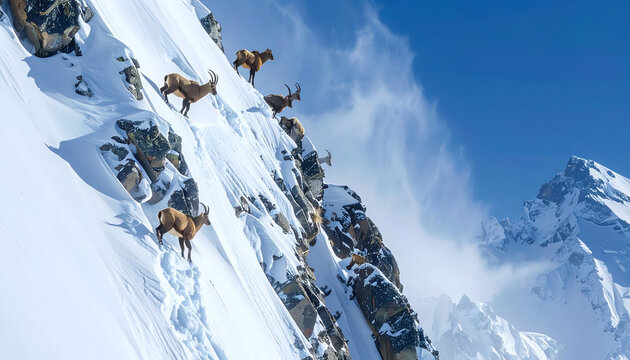 Ibex or chamois clinging to a vertical snow dusted rock face in a wide angle shot showing the mountain scale wilderness generative AI