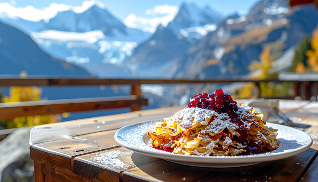 Kaiserschmarrn shredded pancakes with powdered sugar and plum compote on a wooden terrace table overlooking a blurry mountain glacier landscape generative AI