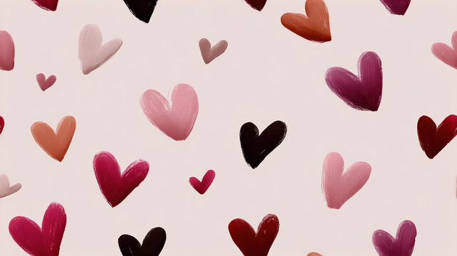Painted heart pattern seamless repeatable background with various sized pink red and burgundy brushstroke hearts creating romantic texture
