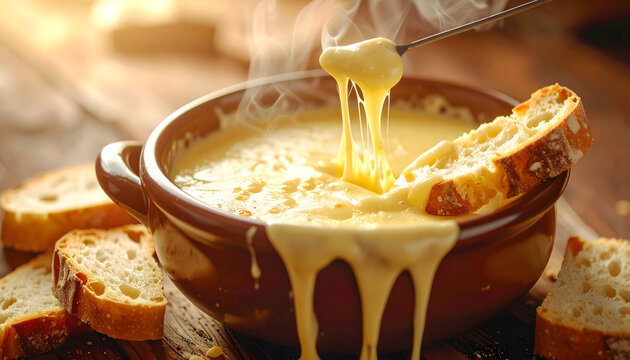 Cheese fondue caquelon with bubbling melted cheese and crusty bread dipped into the pot with long gooey strings of delicious cheese generative AI