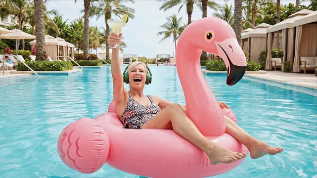 Caucasian woman with headphones smiles and raises a cocktail while sitting on a pink flamingo float in a swimming pool surrounded by palm trees and lounge areas, capturing a joyful summer moment