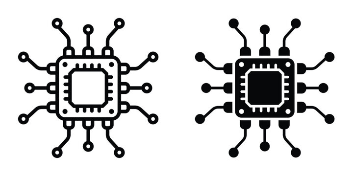 Semiconductor icon set in outlined drawings with flat version.