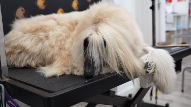 Beautiful, purebred afghan hound with long, silky fur resting patiently on a professional grooming table in a modern pet salon