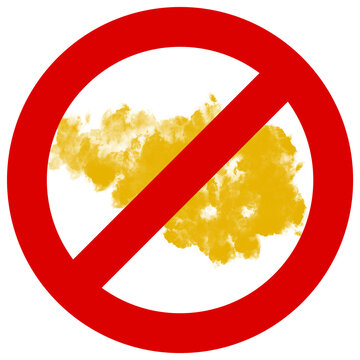 S&iacute;mbolo de prohibici&oacute;n rojo sobre nube de humo o gas amarillo en fondo blanco.