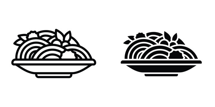 Spaghetti icon set in outlined drawings with flat version.