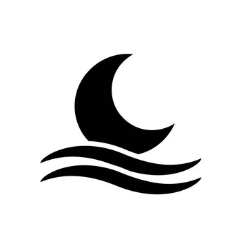 Crescent moon over ocean waves icon in solid black.