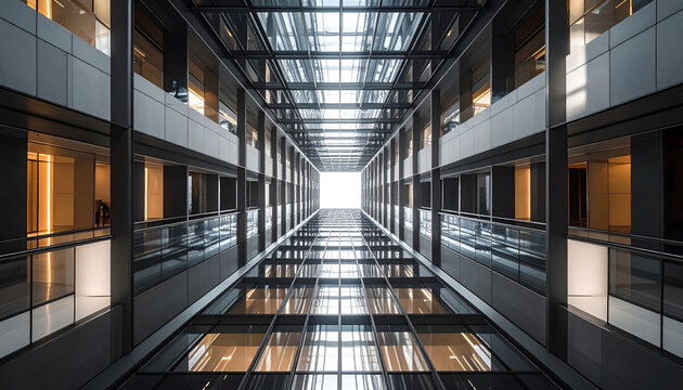 Elevator rising through a glass atrium featuring geometric floor patterns and symmetrical dizzying perspectives with futuristic bright lighting in high tech luxury generative AI