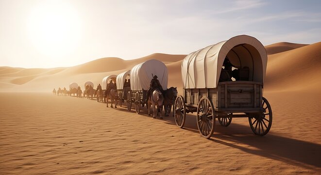 Covered wagons traveling through a desert landscape with people and horses under a sunny sky