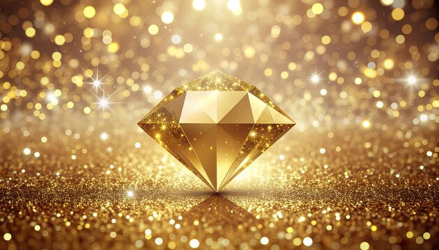 Luxury golden diamond sparkling on a glittery gold background.