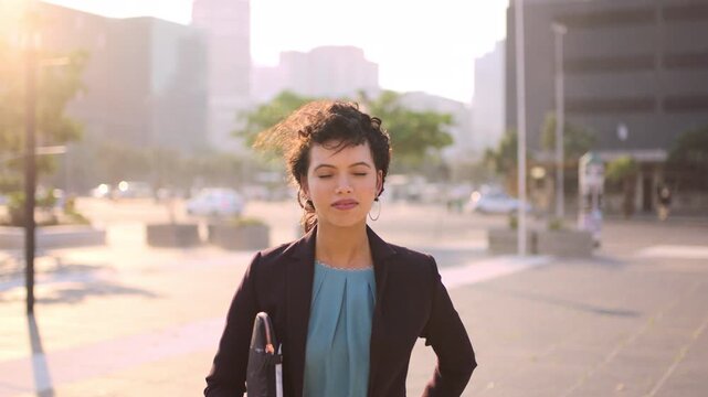Face, businesswoman and morning commute in city with accounting job, pride and career development. Female person, outdoor and accountant in urban town with confidence, journey or travel to audit firm