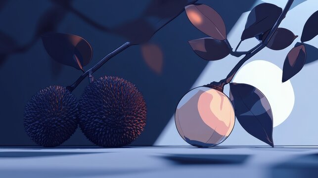 Minimalist digital illustration of spiky durian and smooth mangosteen fruits on branches, featuring high contrast blue shadows and warm peach highlights in a cel-shaded art style.