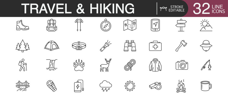Travel and hiking editable stroke line vector icon set featuring outdoor adventure gear, mountain trekking equipment, and nature exploration concepts.