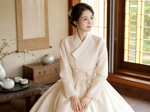 Korean Woman in Ivory Hanbok Dress in Traditional Tea Room