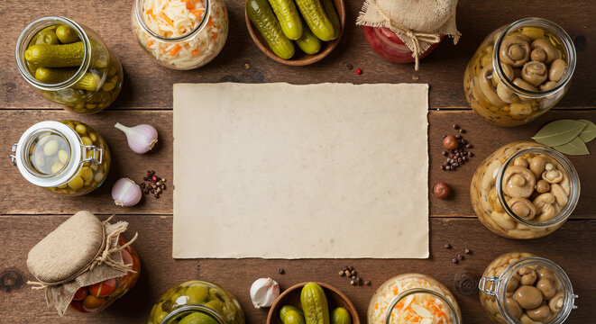 Assorted jars of pickled vegetables and herbs on wooden table  