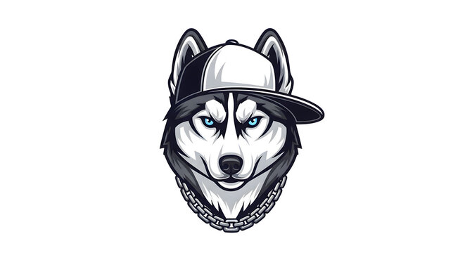 Cartoon husky dog wearing baseball cap and chain necklace