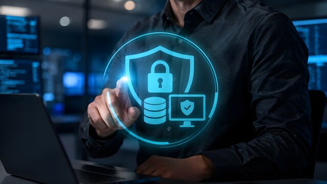 Cyber security expert touching digital shield icon with padlock and database server for data protection concept