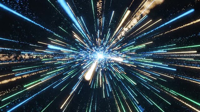 Explosion abstraite de lignes lumineuses et de particules de donn&eacute;es num&eacute;riques
