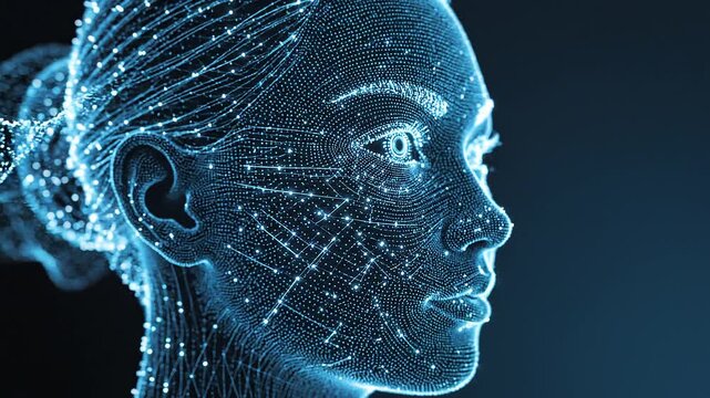 Visage de femme en 3D constitu&eacute; de particules de donn&eacute;es et d'intelligence artificielle