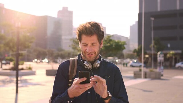 Commute, message and businessman in city with phone, online communication or chat in morning routine. Digital, email review or person with tech, employee journey or text update at start of day.