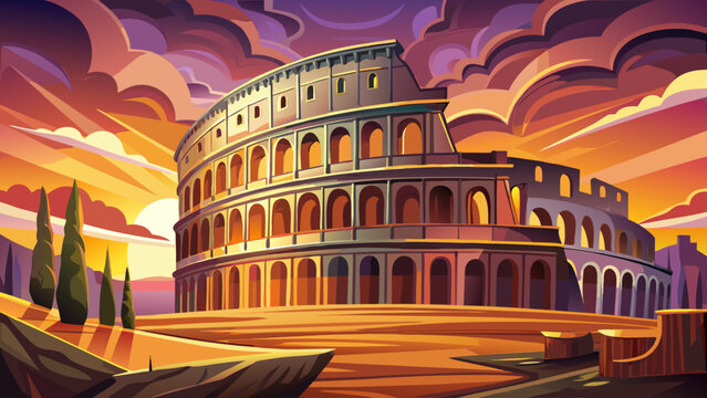 Very beautiful Roman Colosseum poster featuring the magnificent ancient amphitheater illuminated by golden evening light, historic stone architecture, dramatic skies, and a timeless atmosphere celebra