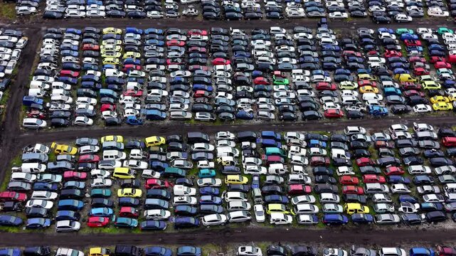 Overhead drone shot of densely packed junkyard cars, Bulgaria. Flat top-down view of multicolored wrecked vehicles in tight parallel rows on dark muddy ground.