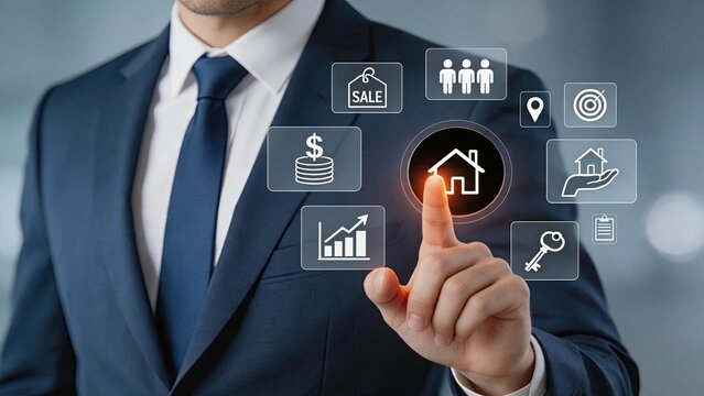 Real estate agent or broker interacting with virtual housing icons, property investment and home buying concept, touching glowing house symbol on transparent screen, financial