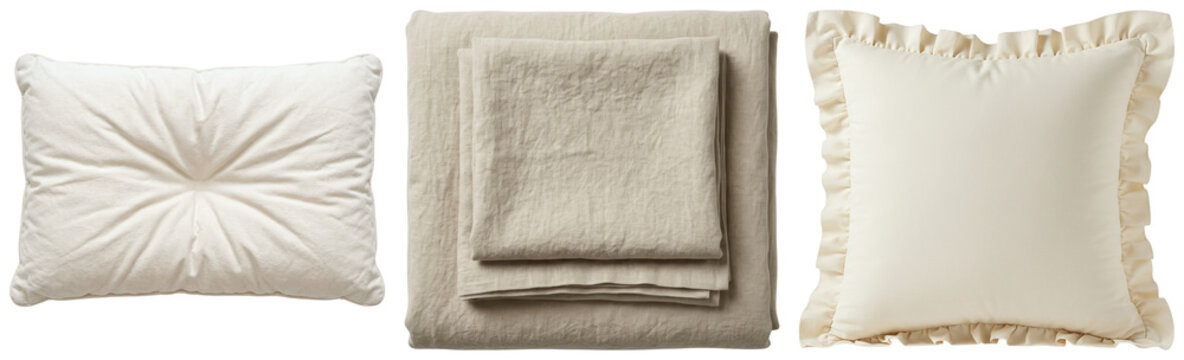Set of three beige linen bedding items: a tufted pillow, folded flat sheets, and a ruffled pillow, isolated on a white background.