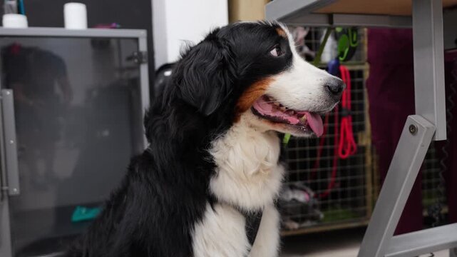 Adorable bernese mountain dog sitting patiently in a professional grooming salon, looking around with its tongue out before a haircut