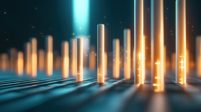 Visualization 3D bar chart with glowing financial data in a futuristic office.