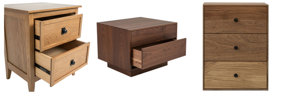 Three wooden nightstands with drawers, isolated on white background