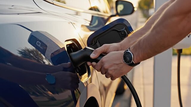 A hand connects a charging cable to the electric vehicle port, showcasing the charging process. The scene captures the vehicle's sleek design and the charging station in the background