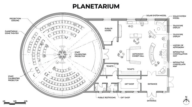 Plan Architectural de Plan&eacute;tarium avec D&ocirc;me de Projection et Salles d'Exposition Vecteur pour Projets d'Architecture, &Eacute;ducation Scientifique et Urbanisme (EPS)