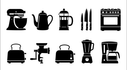 Obraz premium Kitchen Appliance Collection Featuring Mixer Kettle Toaster Blender Coffee Maker Oven and Culinary Equipment Silhouettes