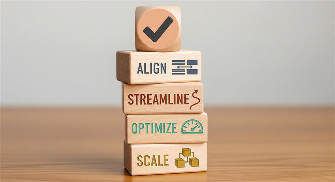 Business process optimization wooden blocks, align streamline optimize and scale strategy concept, corporate growth and efficiency workflow