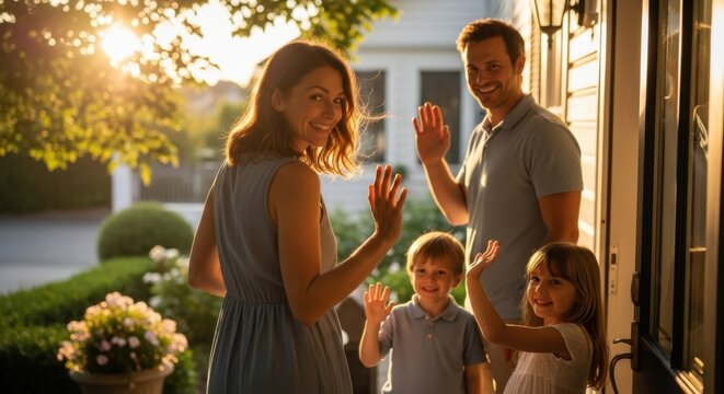 Happy family waving goodbye at sunset by their beautiful home