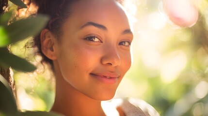 Fototapeta premium Portrait of a beautiful healthy woman with natural glowing skin. Smiling female model face on a fresh green background template for beauty skincare banners
