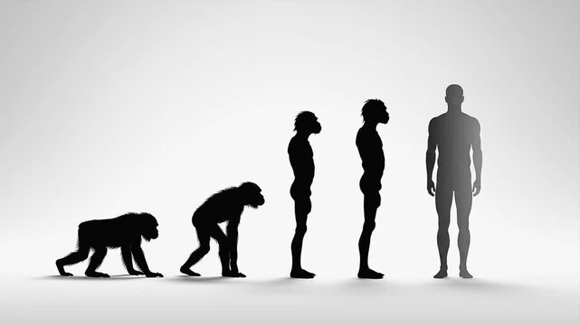 Silhouettes illustrate the evolution of human form, transitioning from an ape-like figure to a fully upright modern human, showcasing the gradual changes in posture and structure across three frames