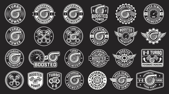 A collection of various white graphics and logos are displayed on a black background.