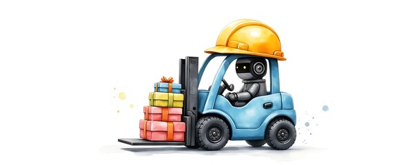 Naklejka premium Miniature robot driving blue forklift carrying colorful gift boxes stack.