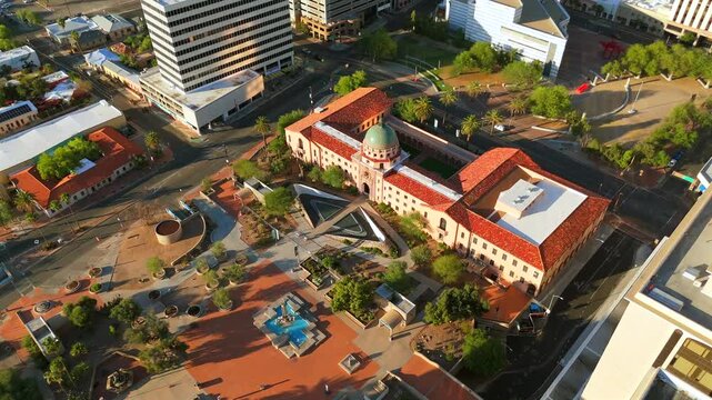 Aerial view of a historic domed building in the heart of downtown Tucson