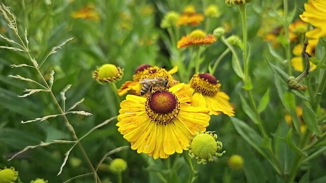 Honey bee collecting pollen from yellow helenium flower