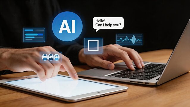 Person using AI chatbot assistant on tablet and laptop for virtual help, digital interface with speech bubble, modern technology concept for customer support and automated service