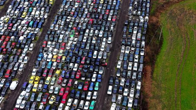 Rows of wrecked vehicles in open scrapyard beside farmland, Bulgaria. Elevated angled drone view of multicolored cars in dense lines next to a green field and power lines.